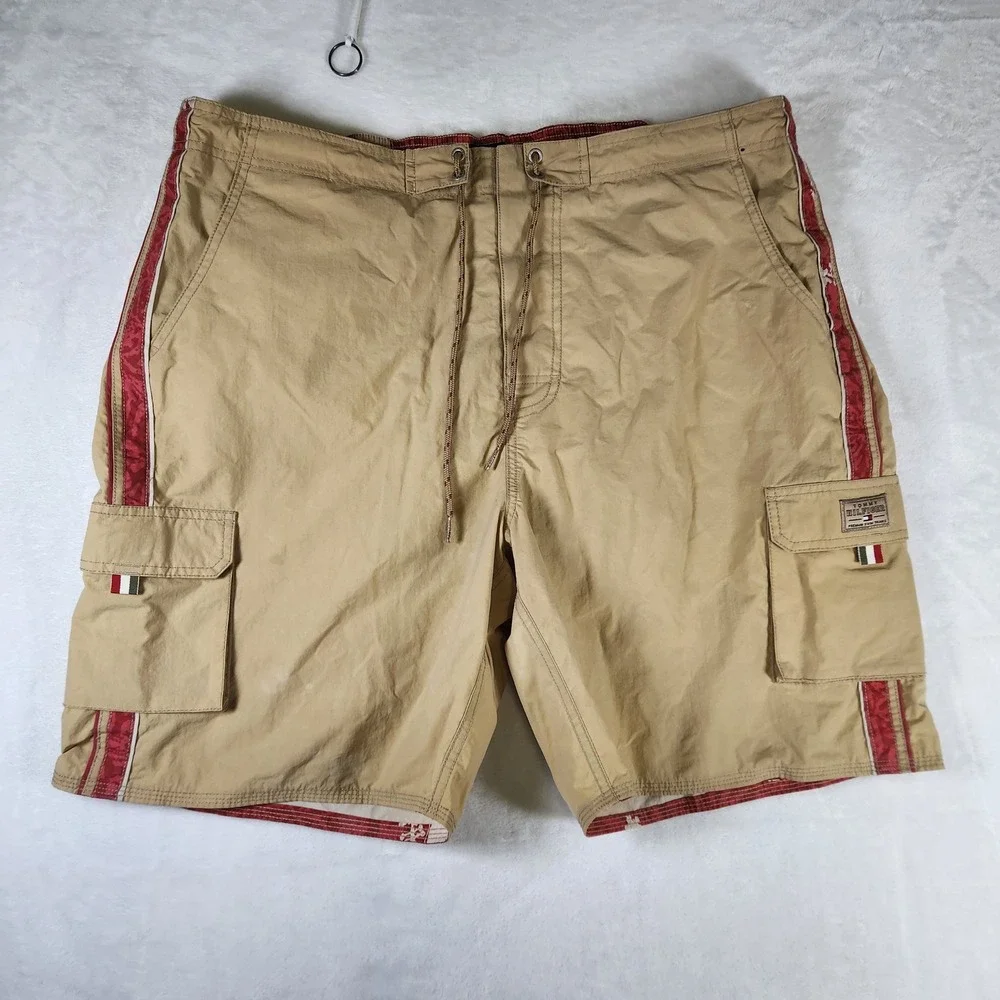 Tommy Hilfiger Men's XXL Tan Cargo Swim Trunks Red‎ Stripe Premium Shorts